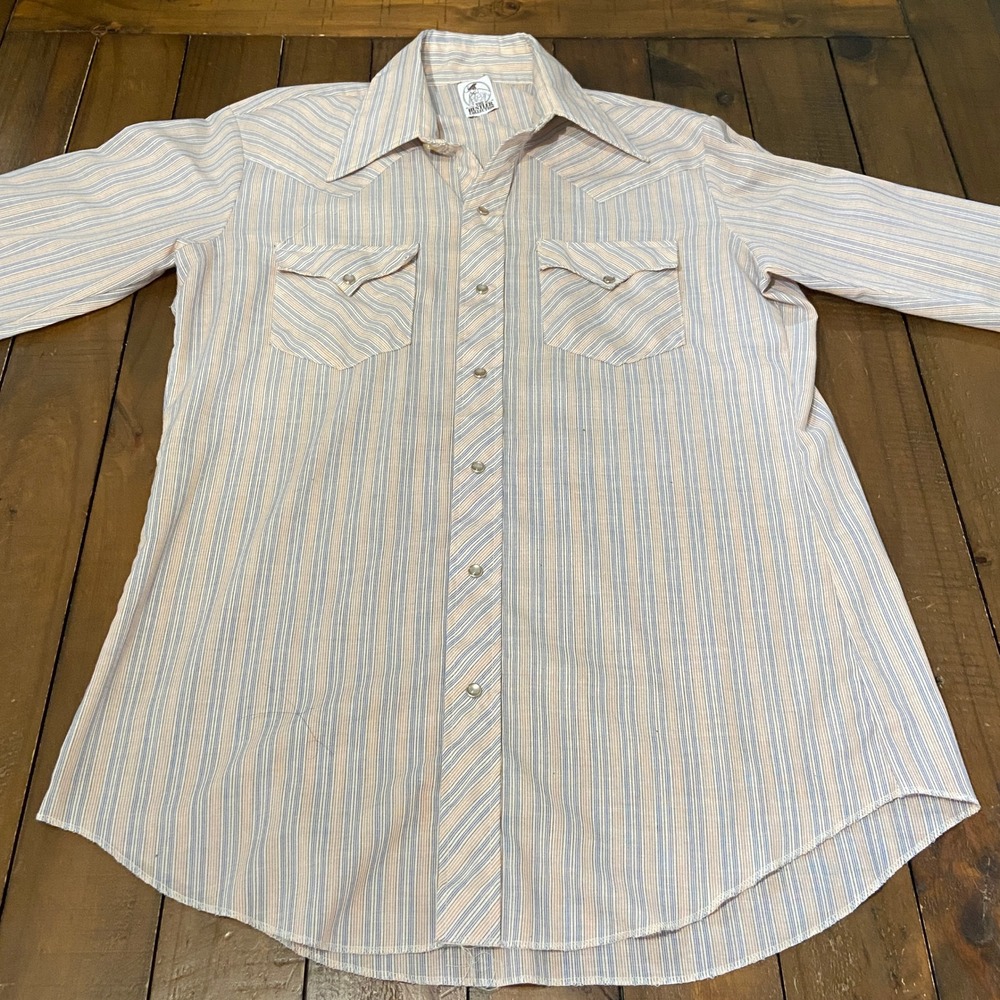 Vintage The Hustler Collection Western Pearl Snap Shirt Striped Blue Tan Mens